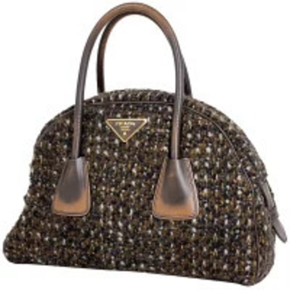 Prada Plate Handbag Bowling Bag Tweed Wool Brown
